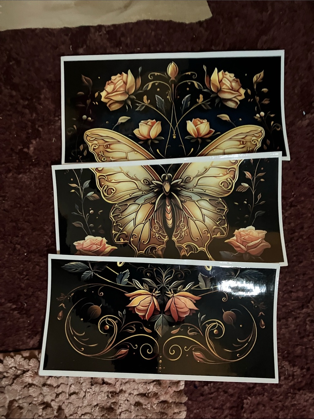 Gold Butterfly Wall Art Trio - Elegant Floral Home Decor transfers for crafting